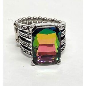 New Faceted Rainbow Mystic Rhinestones Silver Tone Large Statement Ring Stretch